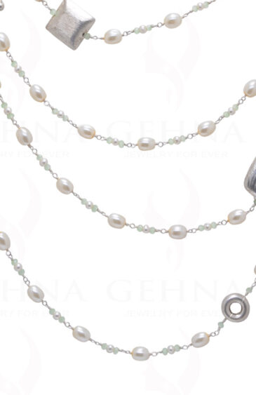 80″ Inches Long Pearl & Chalcedony Knotted Chain With Silver Elements Cm1135