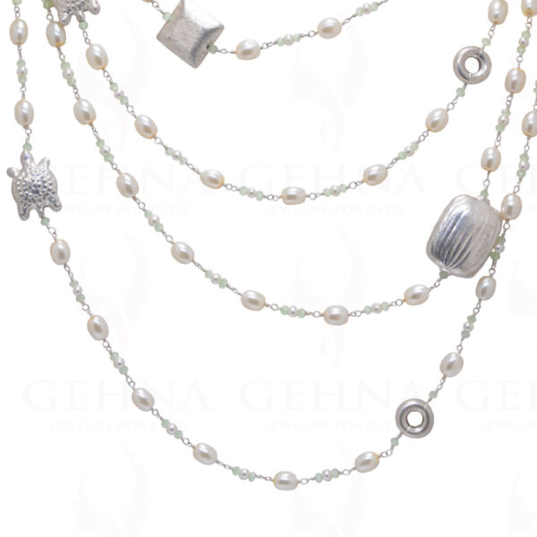 80" Inches Long Pearl & Chalcedony Knotted Chain With Silver Elements Cm1135