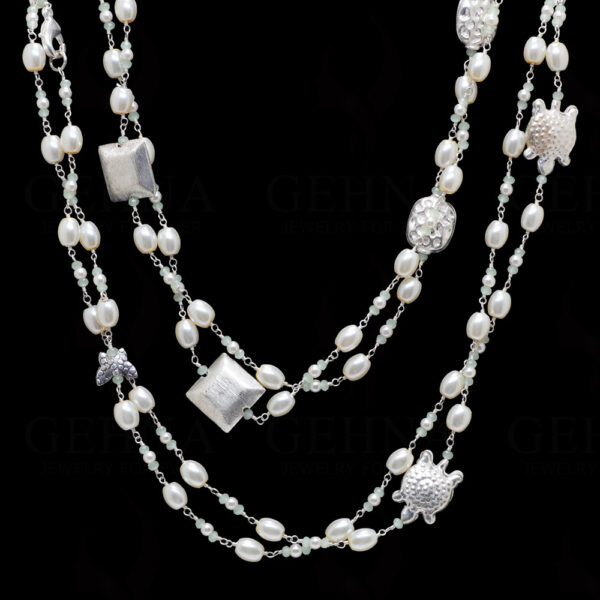 80" Inches Long Pearl & Chalcedony Knotted Chain With Silver Elements Cm1135