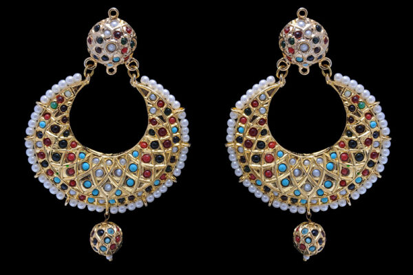 Pearl, Ruby, Emerald & Turquoise Gemstone Studded Chand Bali Earring LE01-1135