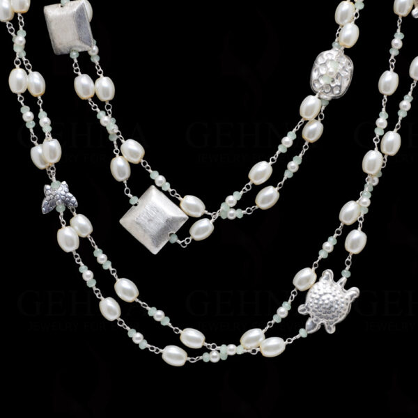 80" Inches Long Pearl & Chalcedony Knotted Chain With Silver Elements Cm1135