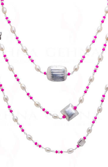 64″ Inches Long Pearl & Pink Chalcedony Knotted Chain With Silver Element Cm1136