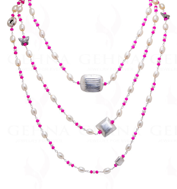 64" Inches Long Pearl & Pink Chalcedony Knotted Chain With Silver Element Cm1136