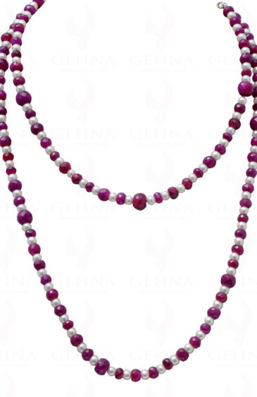 36″ Pearl & Ruby Gemstone Faceted Bead Necklace NM-1136