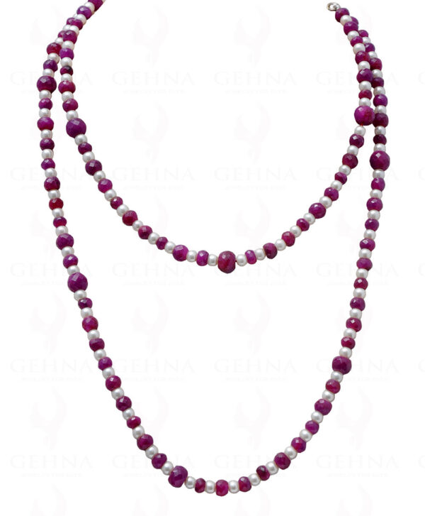 36" Pearl & Ruby Gemstone Faceted Bead Necklace NM-1136