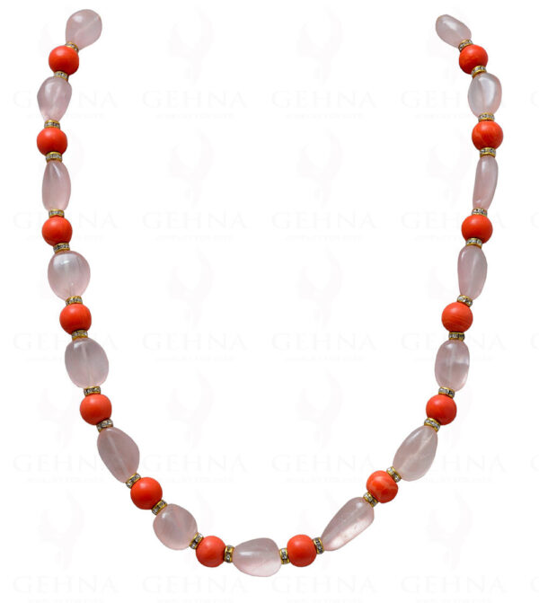 Coral & Rose Quartz Tumble Bead Necklace With Silver Elements  NS-1136