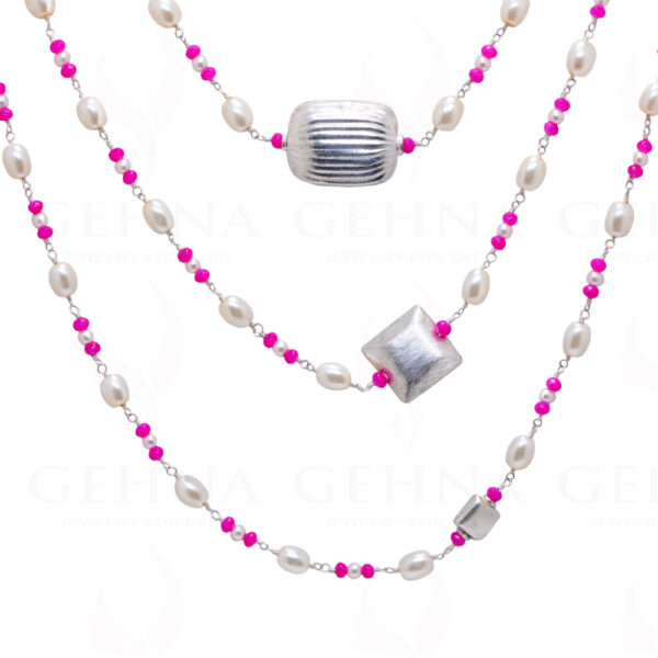 64" Inches Long Pearl & Pink Chalcedony Knotted Chain With Silver Element Cm1136