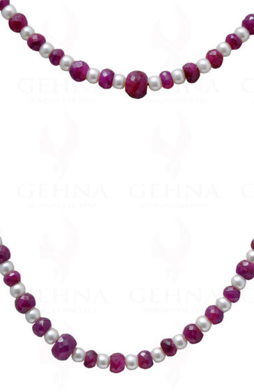 36″ Pearl & Ruby Gemstone Faceted Bead Necklace NM-1136