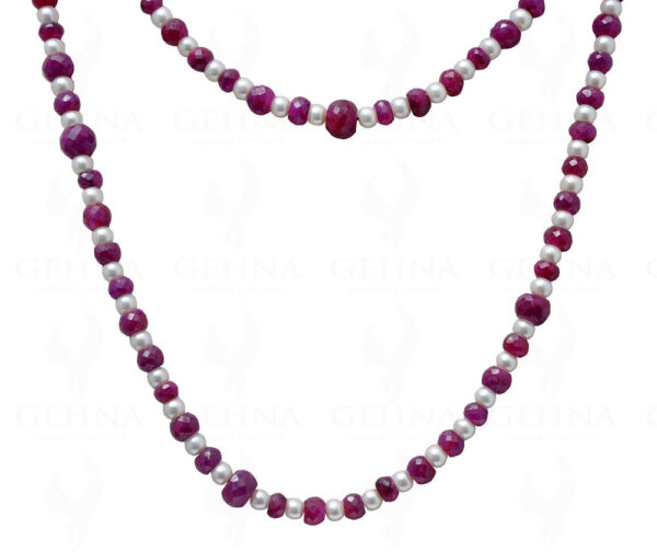 36" Pearl & Ruby Gemstone Faceted Bead Necklace NM-1136