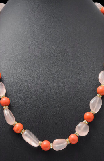 Coral & Rose Quartz Tumble Bead Necklace With Silver Elements  NS-1136