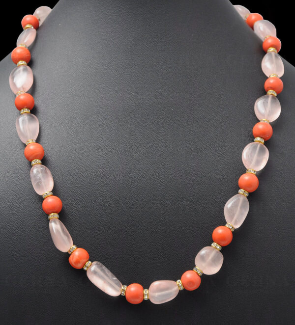 Coral & Rose Quartz Tumble Bead Necklace With Silver Elements  NS-1136