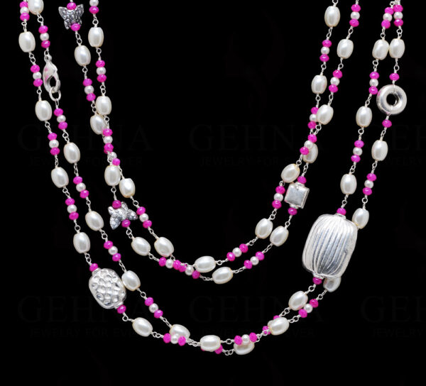 64" Inches Long Pearl & Pink Chalcedony Knotted Chain With Silver Element Cm1136