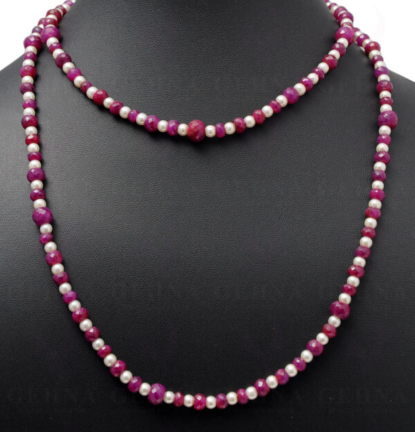 36" Pearl & Ruby Gemstone Faceted Bead Necklace NM-1136