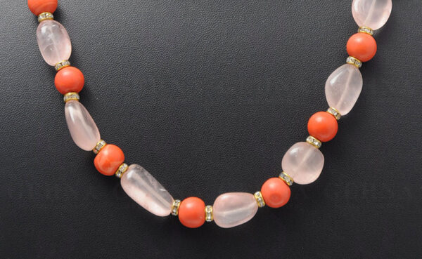 Coral & Rose Quartz Tumble Bead Necklace With Silver Elements  NS-1136