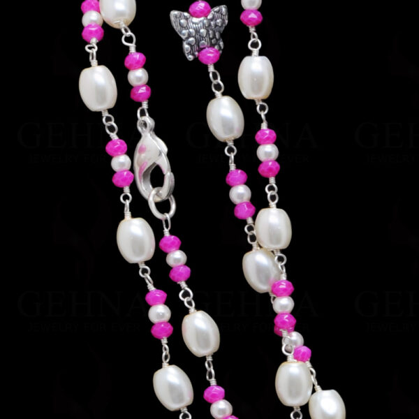 64" Inches Long Pearl & Pink Chalcedony Knotted Chain With Silver Element Cm1136