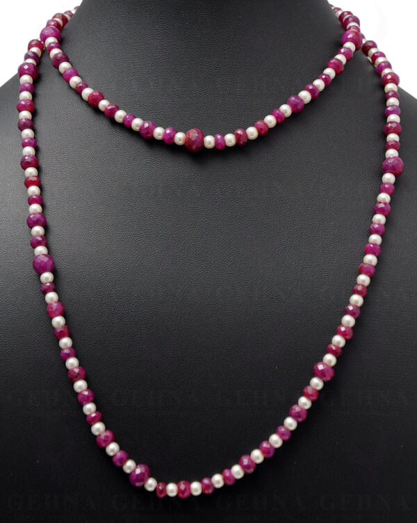 36" Pearl & Ruby Gemstone Faceted Bead Necklace NM-1136