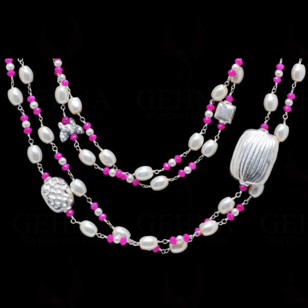 64" Inches Long Pearl & Pink Chalcedony Knotted Chain With Silver Element Cm1136