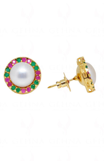 Pearl, Ruby & Emerald Studded Round Shape Earrings FE-1137