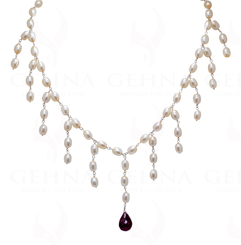 Pearl & Ruby Gemstone Knotted Necklace & Earring In .925 Sterling Silver Cm1138