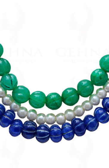 3 Rows Of Pearl, Emerald & Blue Sapphire Gemstone Melon Shape Necklace NM-1138