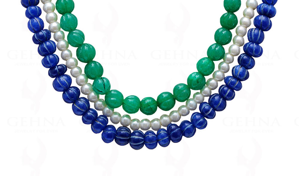 3 Rows Of Pearl, Emerald & Blue Sapphire Gemstone Melon Shape Necklace NM-1138