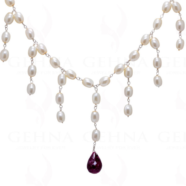 Pearl & Ruby Gemstone Knotted Necklace & Earring In .925 Sterling Silver Cm1138