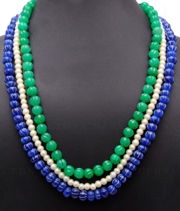 3 Rows Of Pearl, Emerald & Blue Sapphire Gemstone Melon Shape Necklace NM-1138