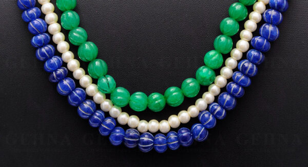 3 Rows Of Pearl, Emerald & Blue Sapphire Gemstone Melon Shape Necklace NM-1138