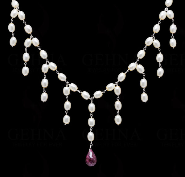 Pearl & Ruby Gemstone Knotted Necklace & Earring In .925 Sterling Silver Cm1138