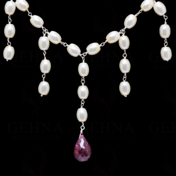 Pearl & Ruby Gemstone Knotted Necklace & Earring In .925 Sterling Silver Cm1138