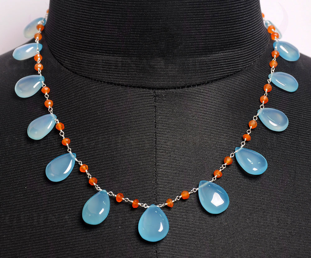 Carnelian & Chalcedony Bead Gemstone Chain  In.925 Sterling Silver CS-1139