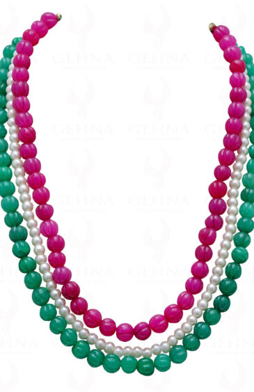 3 Rows Of Pearl, Ruby & Emerald Gemstone Melon Shape Necklace NM-1139