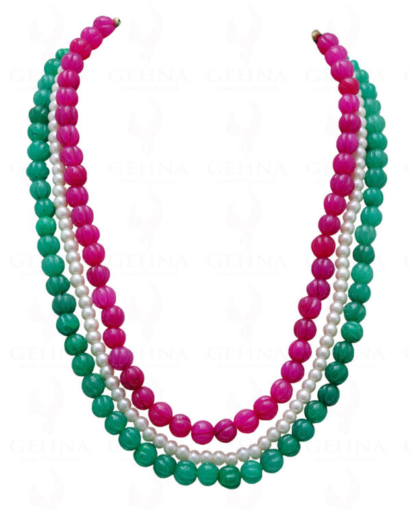 3 Rows Of Pearl, Ruby & Emerald Gemstone Melon Shape Necklace NM-1139