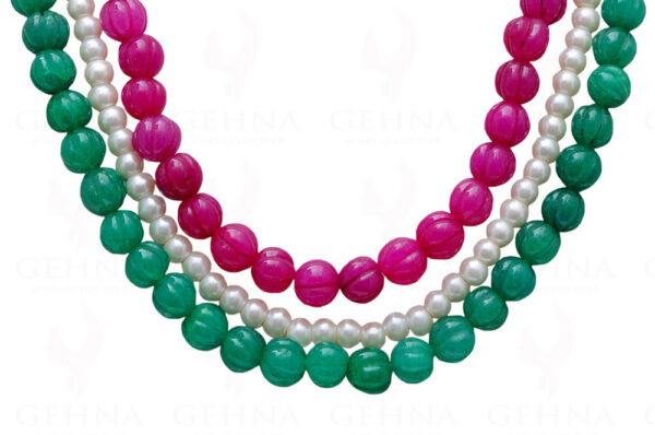 3 Rows Of Pearl, Ruby & Emerald Gemstone Melon Shape Necklace NM-1139