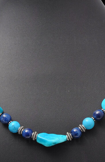 Turquoise & Lapis Lazuli Tumble Bead Necklace With Solid Silver Elements  NS-1139