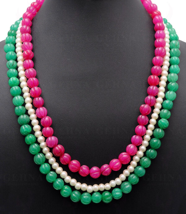 3 Rows Of Pearl, Ruby & Emerald Gemstone Melon Shape Necklace NM-1139