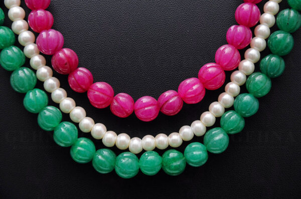 3 Rows Of Pearl, Ruby & Emerald Gemstone Melon Shape Necklace NM-1139