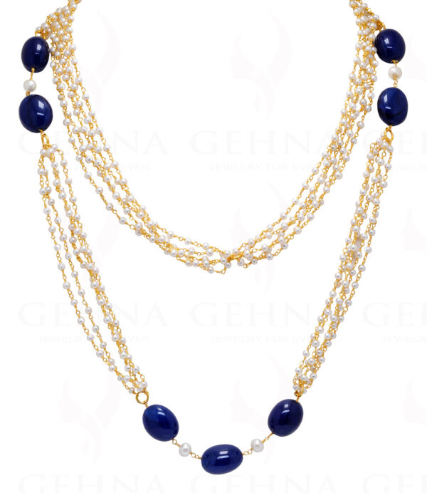 Pearl & Sapphire Gemstone Chain Knotted In.925 Sterling Silver Cm1140