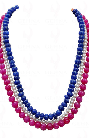 3 Rows Of Pearl, Ruby & Blue Sapphire Gemstone Melon Shape Necklace NM-1140