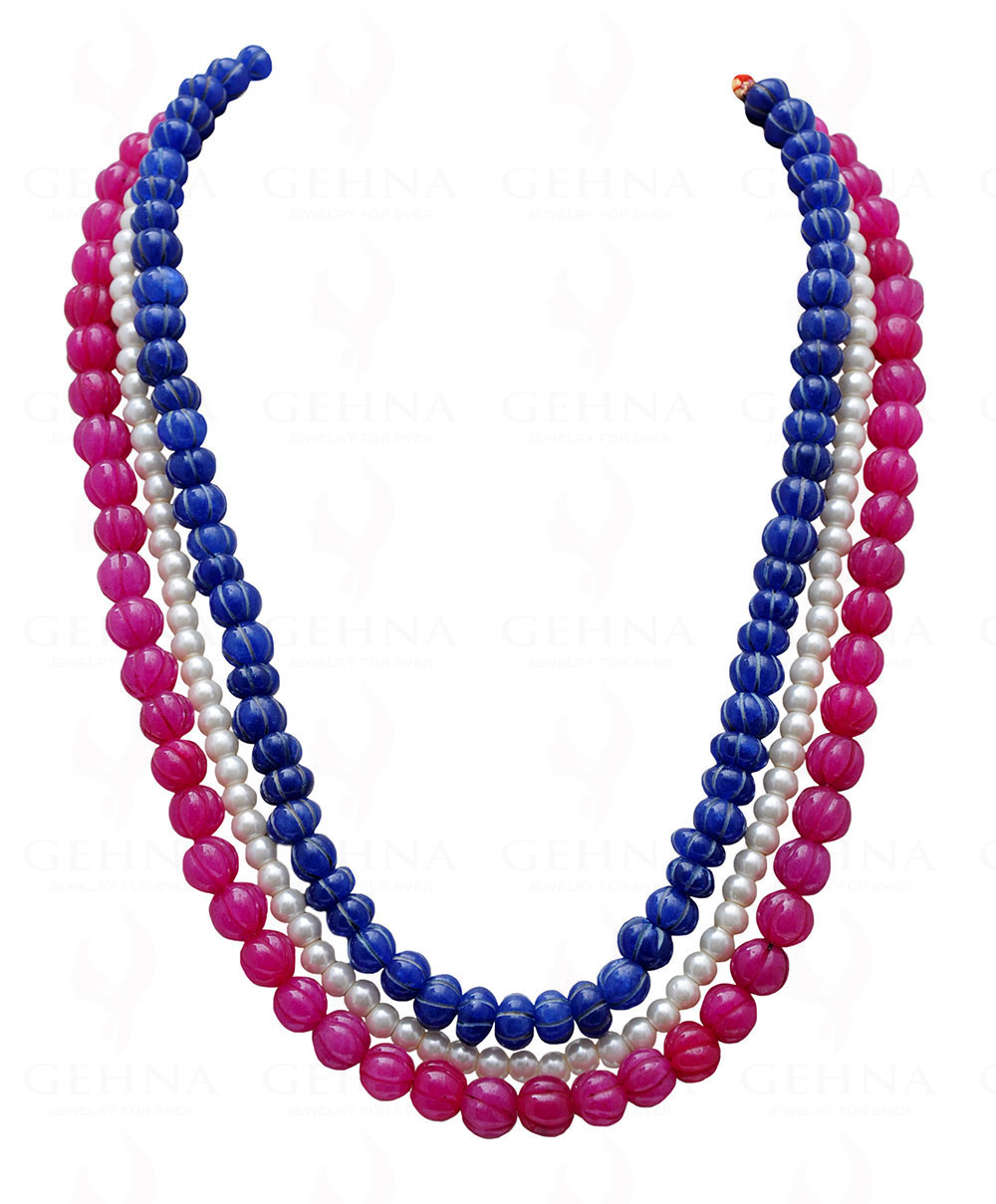 3 Rows Of Pearl, Ruby & Blue Sapphire Gemstone Melon Shape Necklace NM-1140