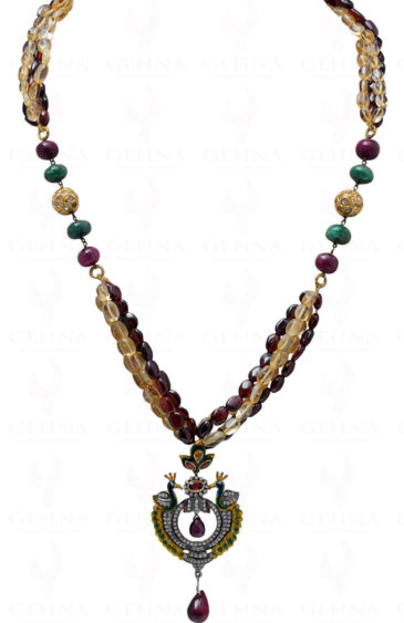 Ruby Garnet Citrine Bead Necklace & Studded Pendant With Earrings NS-1140