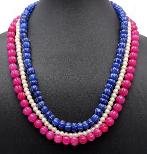 3 Rows Of Pearl, Ruby & Blue Sapphire Gemstone Melon Shape Necklace NM-1140