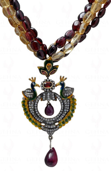 Ruby Garnet Citrine Bead Necklace & Studded Pendant With Earrings NS-1140