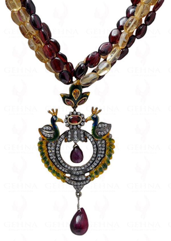 Ruby Garnet Citrine Bead Necklace & Studded Pendant With Earrings NS-1140