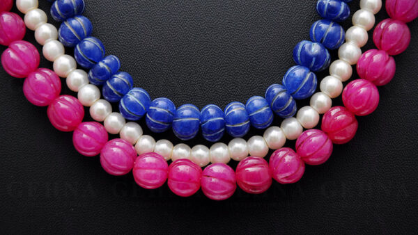 3 Rows Of Pearl, Ruby & Blue Sapphire Gemstone Melon Shape Necklace NM-1140