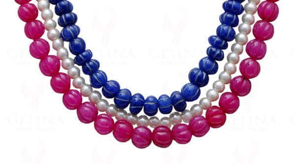 3 Rows Of Pearl, Ruby & Blue Sapphire Gemstone Melon Shape Necklace NM-1140