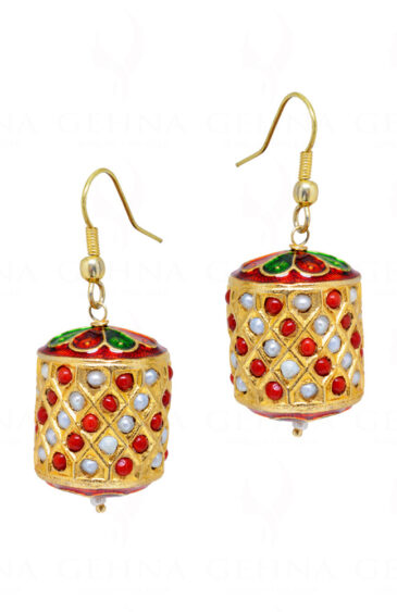 Coral & Pearl Gemstone Studded Earring With Enamel Work LE01-1141