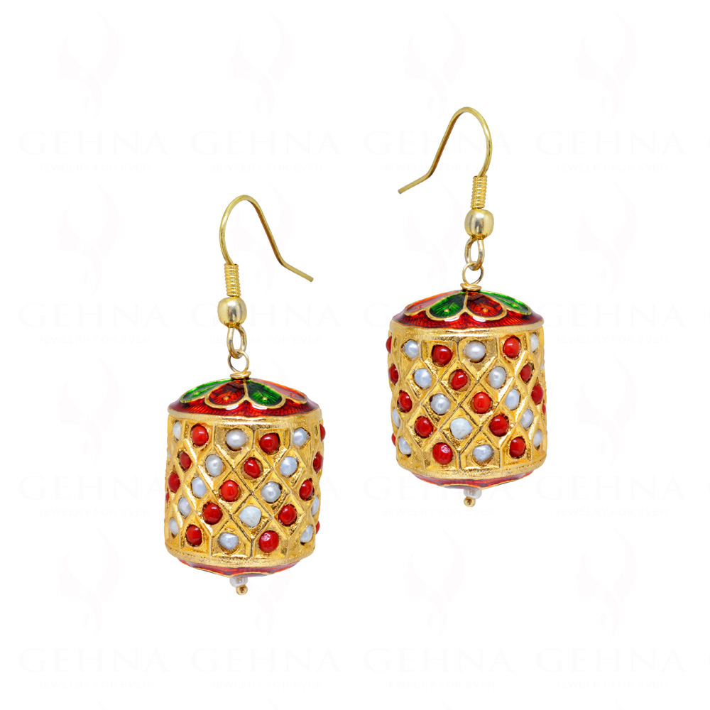 Coral & Pearl Gemstone Studded Earring With Enamel Work LE01-1141