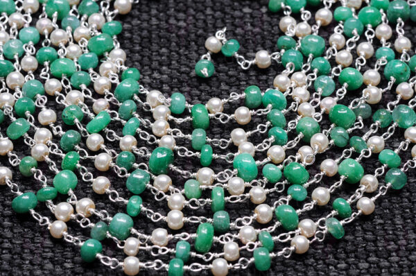 Emerald & Pearl Gemstone Bead Chain Knotted In 925 Sterling Silver Cm1141