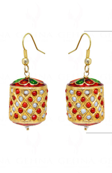 Coral & Pearl Gemstone Studded Earring With Enamel Work LE01-1141